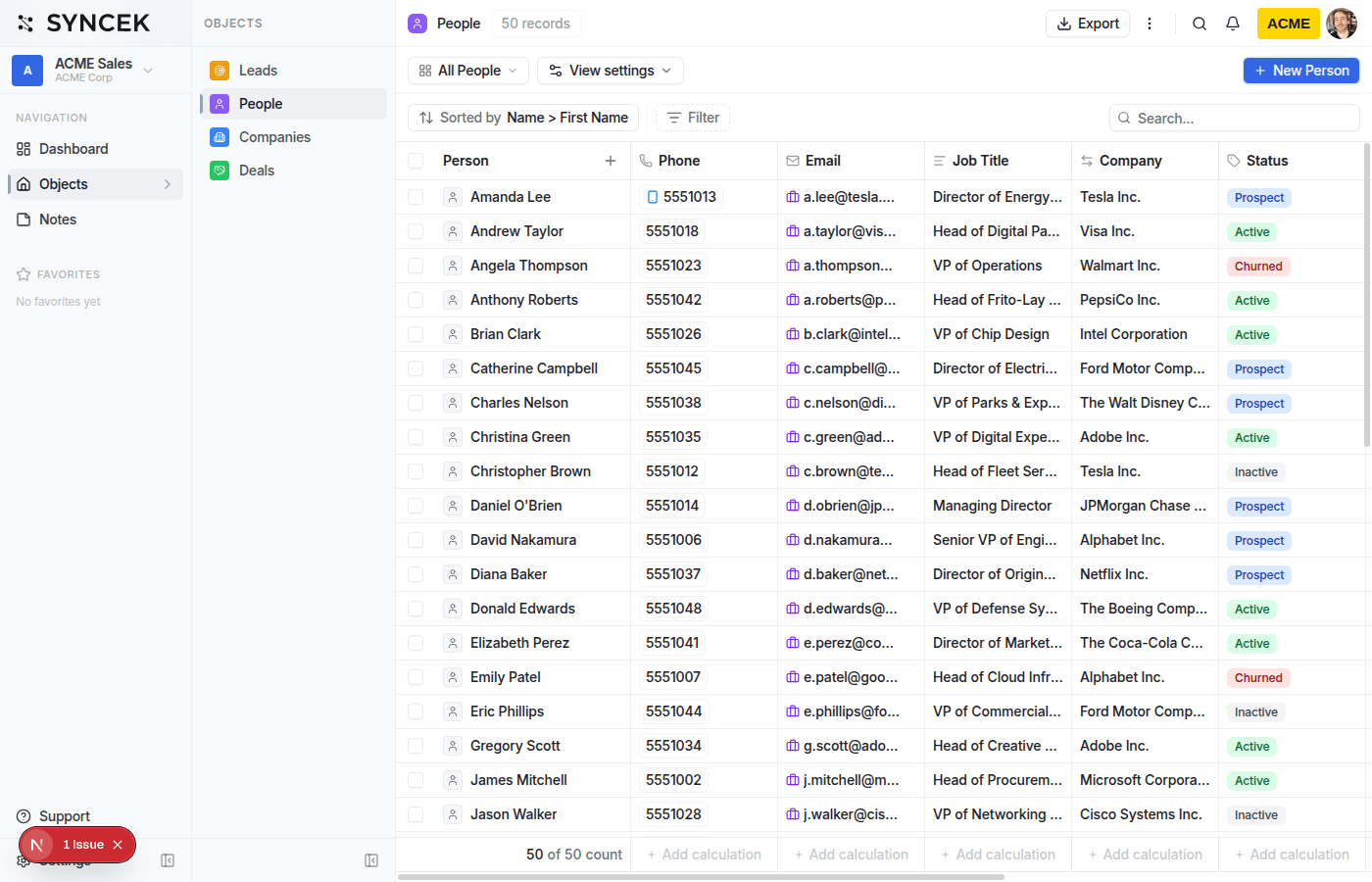 Syncek people table with phone, email, job title, company, status, department, owner, and address columns showing structured field types
