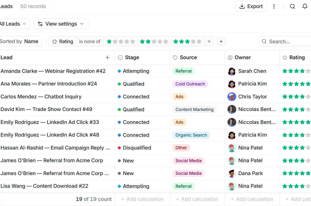 Tabla de oportunidades de Syncek CRM con 50 registros que muestran nombres, valores, etapas y responsables