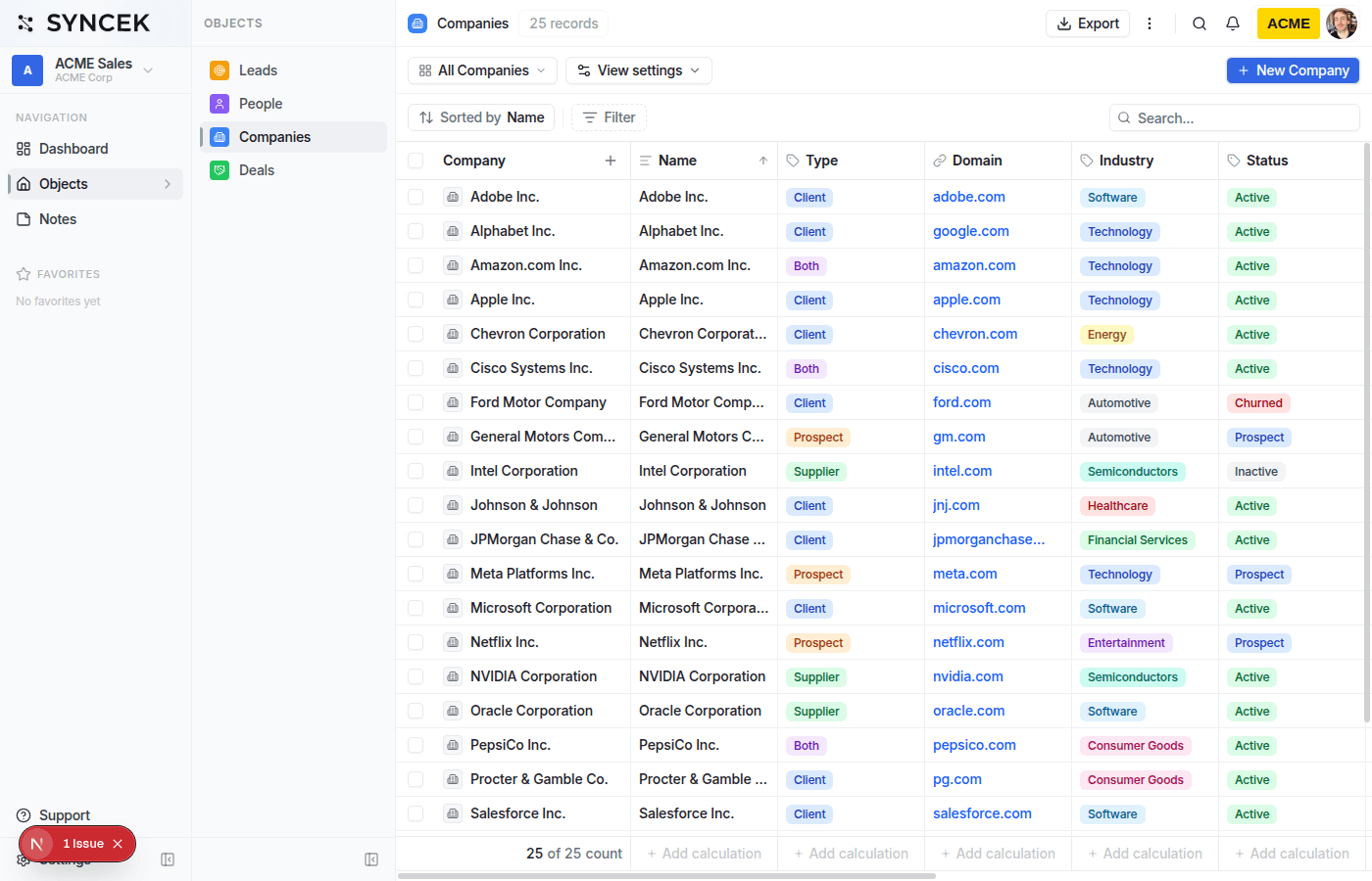 Syncek companies table showing 25 records with name, type, domain links, industry, status, employees, annual revenue, and headquarters