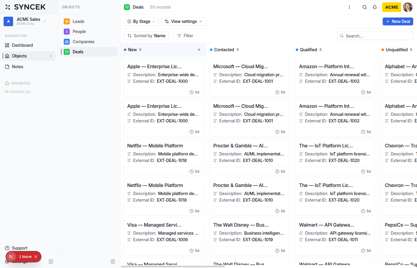 Syncek Kanban pipeline view with deal cards organized into stages: New, Contacted, Qualified, Proposal, Negotiation, Converted, Closed Won