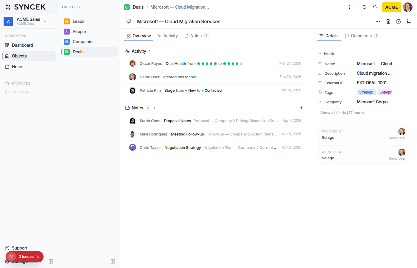 Syncek record detail page for a deal showing activity timeline, notes from team members, and field details